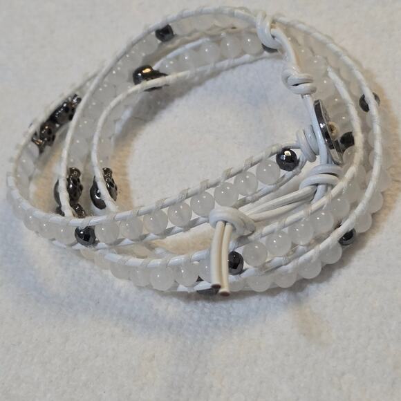 Victoria Emerson White Leather White Faceted Stone and Hematite Wrap Bracelet - Picture 5 of 5